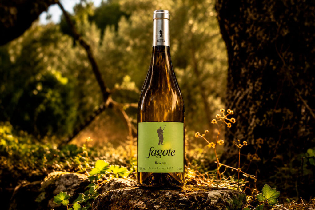 Garrafa de vinho branco Fagote Reserva sobre pedra numa paisagem natural do Douro.