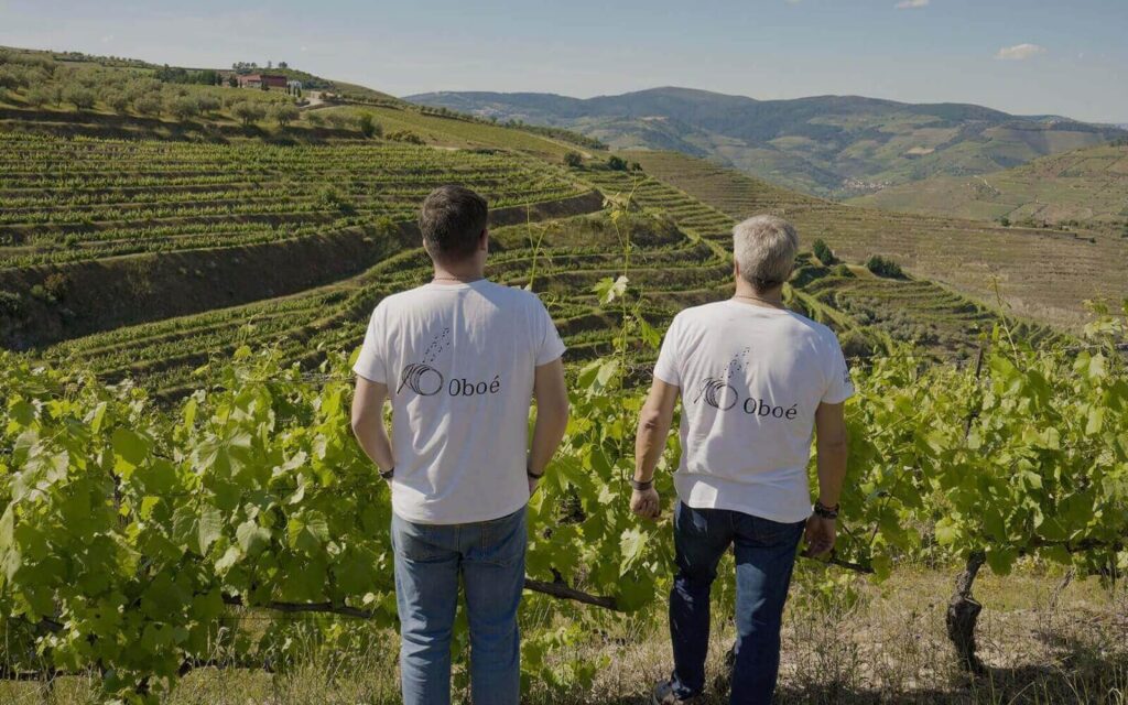 Família Oboé nas vinhas do Douro com vista sobre a paisagem da região