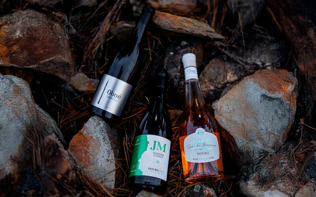 Garrafas de vinho Oboé e JM dispostas entre pedras e agulhas de pinheiro.
