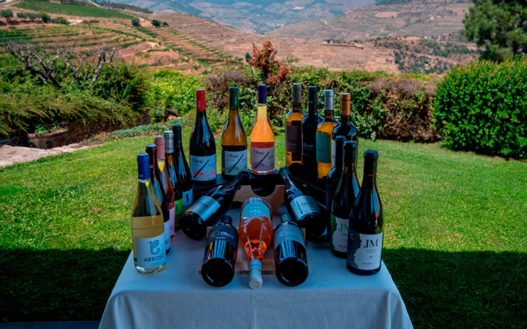 Seleção de vinhos Arrojo, Fagote, JM e Oboé numa mesa com vista para o Douro.